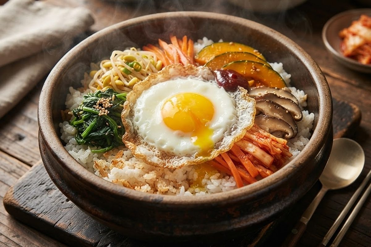 Bibimbap — rice, vegetables and a fried egg in a stone bowl
