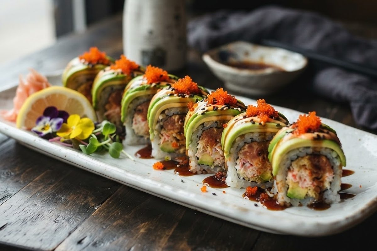 Dragon roll topped with avocado