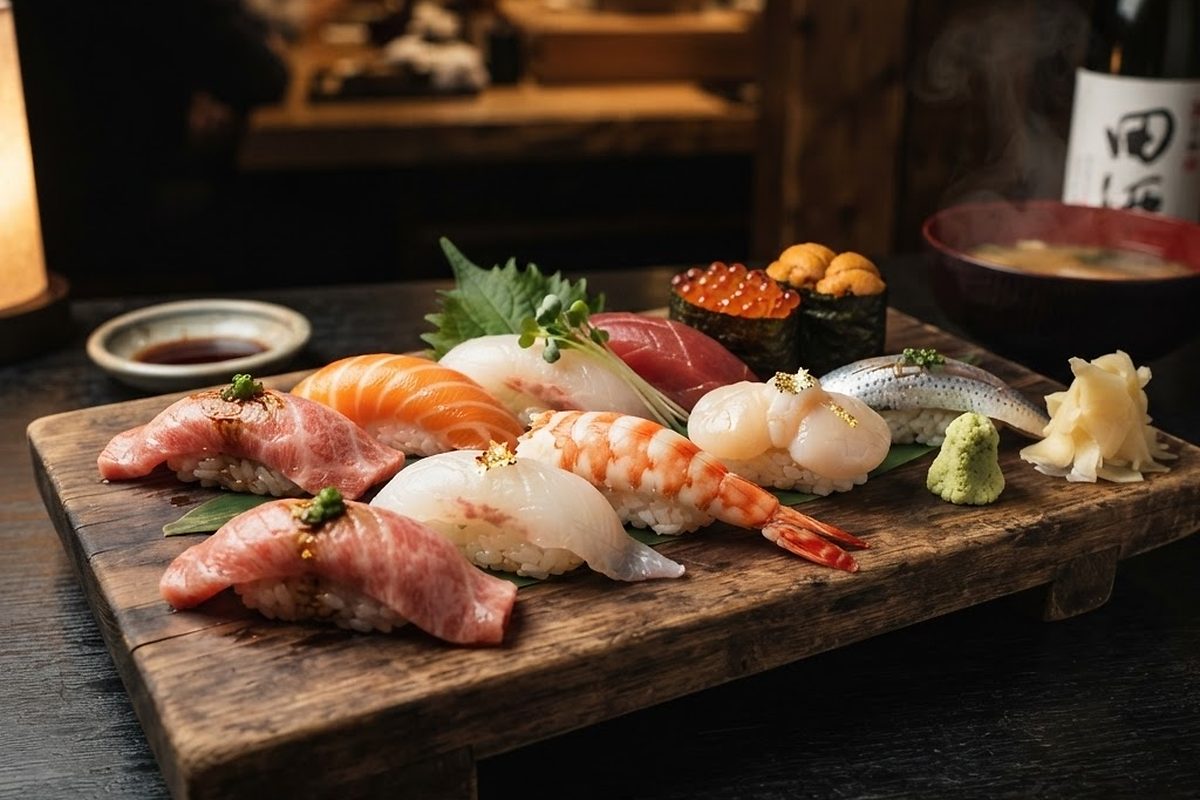 Nigiri moriawase — an assortment of nigiri sushi on a wooden board